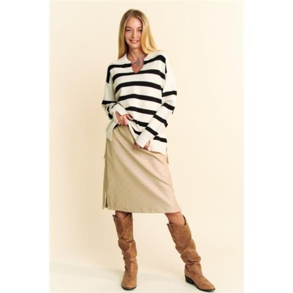 NWT Davi & Dani Striped Loose Fit Collared Long Sleeve Sweater, Hi Lo Hem, White - Picture 5 of 5